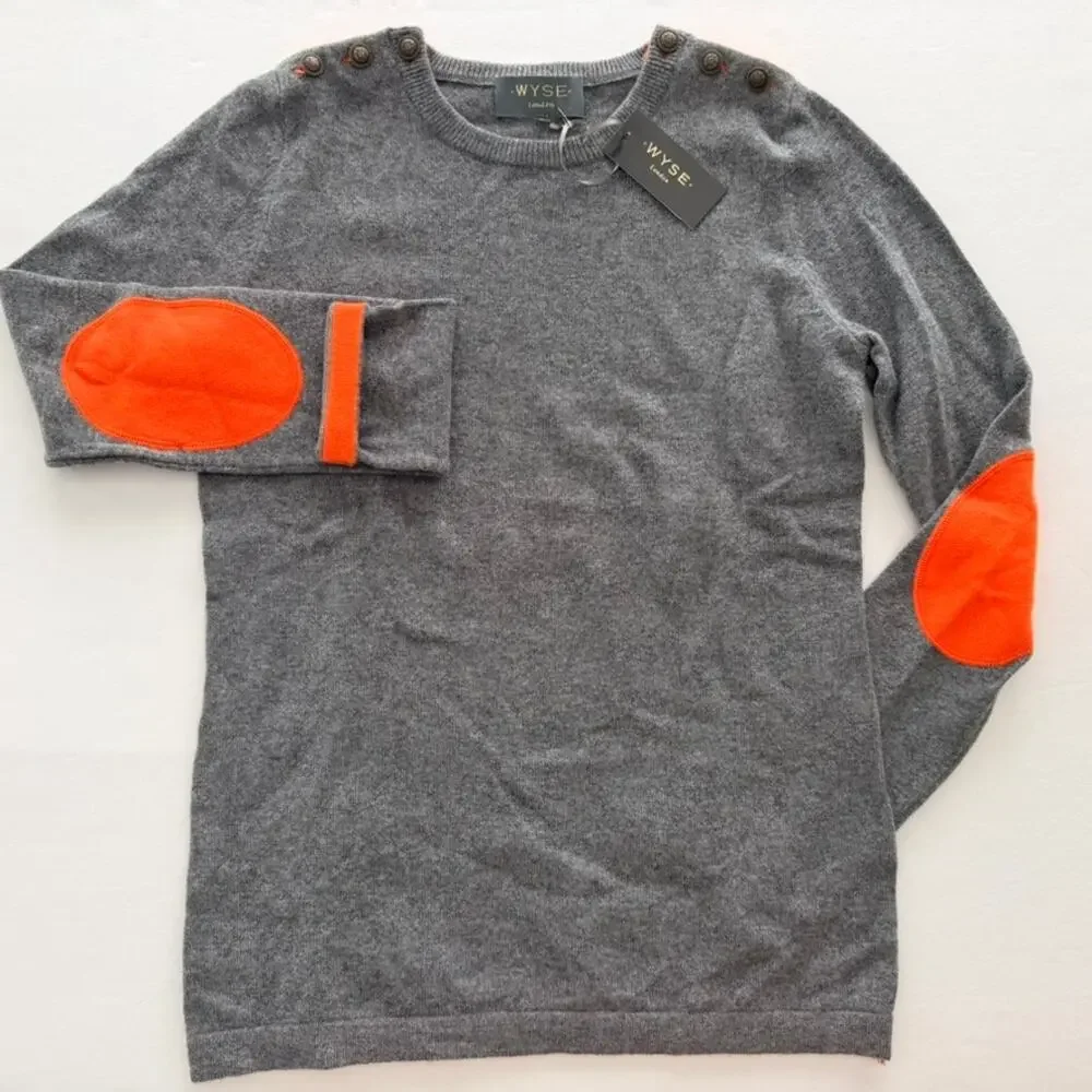 WYSE London Cashmere Grey Jumper Sweater NEW 2/Small Orange Elbow Patch